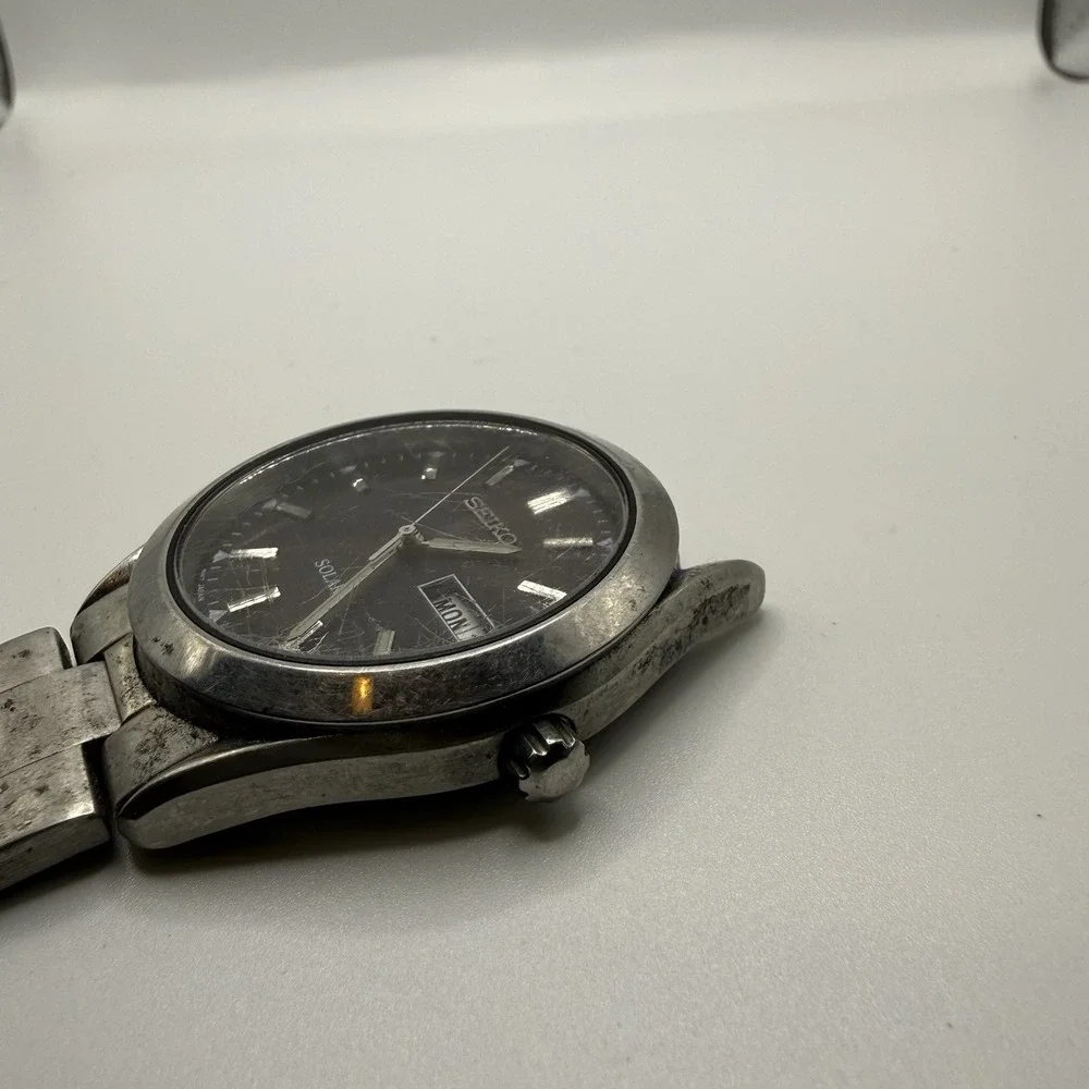 Seiko Men V158-0AB0 Dress Black Dial‎ Day Date Stainless Solar 37mm Watch